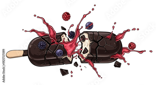 An exploding chocolate ice cream on a stick with splattered blueberries and sauce, viewed from the side in a playful illustration style