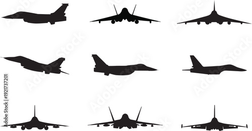 Modern military fighter jet silhouette set, top side front views, black vector aircraft icons isolated