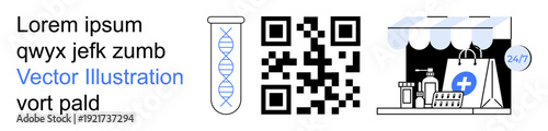 Biotechnology, QR codes, e-commerce, healthcare apps, online pharmacy, digital access. Test tube with DNA, QR code shopping bags medical cross. Biotechnology and QR codes in healthcare solutions