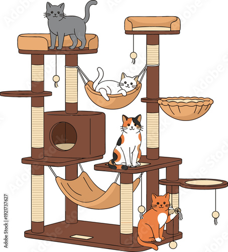 Cute Cats Playing on Cat Tree Tower Illustration with Scratching Posts, Hammock Beds, and Adorable Kittens Indoor Pet Activity Scene