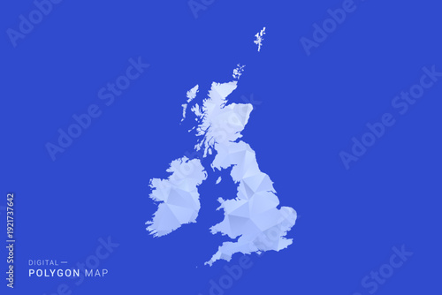 United Kingdom Map - Polygon Style Vector Illustration in Blue and White Gradient, Low Poly Geometric Design, Isolated on Solid Background for Infographics and Digital Use.