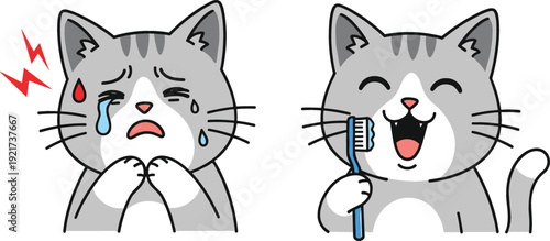Cute Cartoon Cat with Toothache and Brushing Teeth Illustration Set, Funny Kitty Dental Care and Oral Hygiene Concept