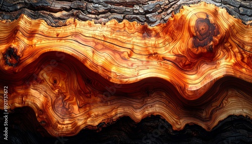 Wallpaper Mural A close-up view of a wooden log with vibrant, swirling patterns of firefly inspired textures and warm tones, showcasing natural beauty and intricate details Torontodigital.ca
