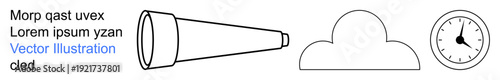 Time management, weather forecasting, astronomy, exploration, science concepts, minimalism. Black outline of a telescope, a cloud and a clock. Astronomy and time management concept