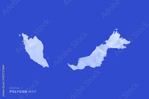 Malaysia Map - Polygon Style Vector Illustration in Blue and White Gradient, Low Poly Geometric Design, Isolated on Solid Background for Infographics and Digital Use.
