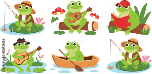 A set of six cartoon illustrations of a green frog in different activities, arranged in a 2x3 grid.