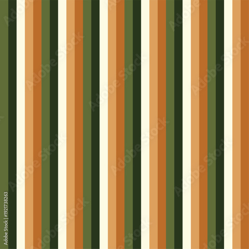 Seamless Vertical Stripes Pattern in Retro 70s Earthy Colors, Olive Green and Rust Orange Vintage Geometric Background for Textile Fabric Print, Boho Wallpaper and Fall Wrapping Paper.