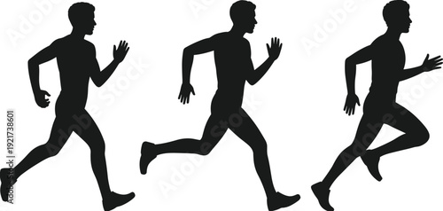 Male runner silhouette set, sprinting athlete vector icons, fitness and health training figures, professional man running for marathon and sports.