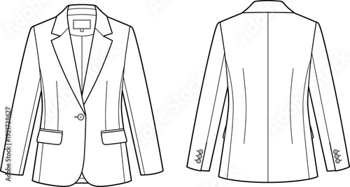 Tailored blazer fashion flat sketch vector illustration with front and back views—ideal for apparel design, garment construction, fashion branding, and technical design projects.