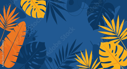 Vibrant tropical foliage and abstract blue elements create a dynamic background, perfect for summer promotions, invitations, or exotic-themed designs