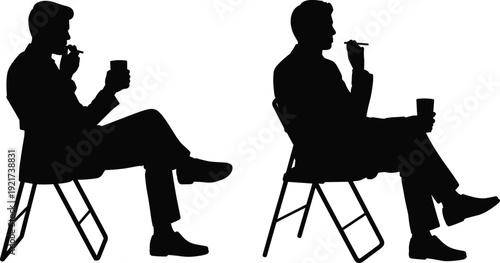 Man sitting in chair silhouette, businessman relaxing with coffee and smoking, professional person resting, male figure sitting cross legged vector.