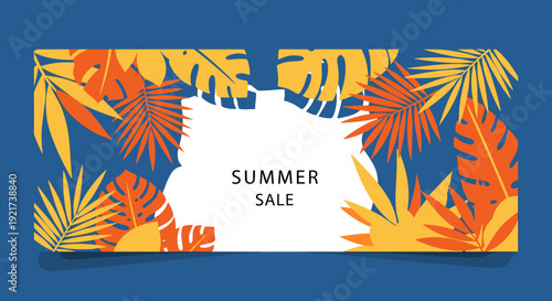 Summer Sale Banner Design Featuring Tropical Leaves in Orange and Yellow Hues on a Blue Background with a Central White Space for Text