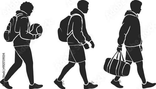 Three silhouettes athletes walking carrying basketball backpack duffel bag hoodie sweatshirt athletic shoes fitness sport health movement flat vector illustration