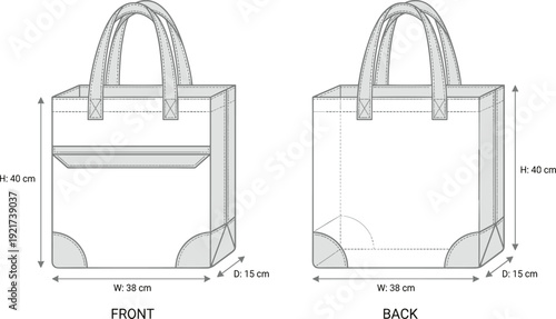 Tote bag technical fashion illustration with front and back views, flap pocket, reinforced handles, curved corner patches, structured base design drawing template for accessories.