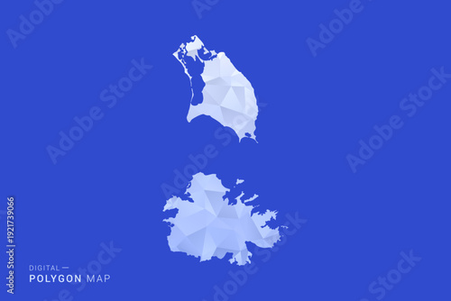 Antigua and Barbuda Map - Polygon Style Vector Illustration in Blue and White Gradient, Low Poly Geometric Design, Isolated on Solid Background for Infographics and Digital Use.