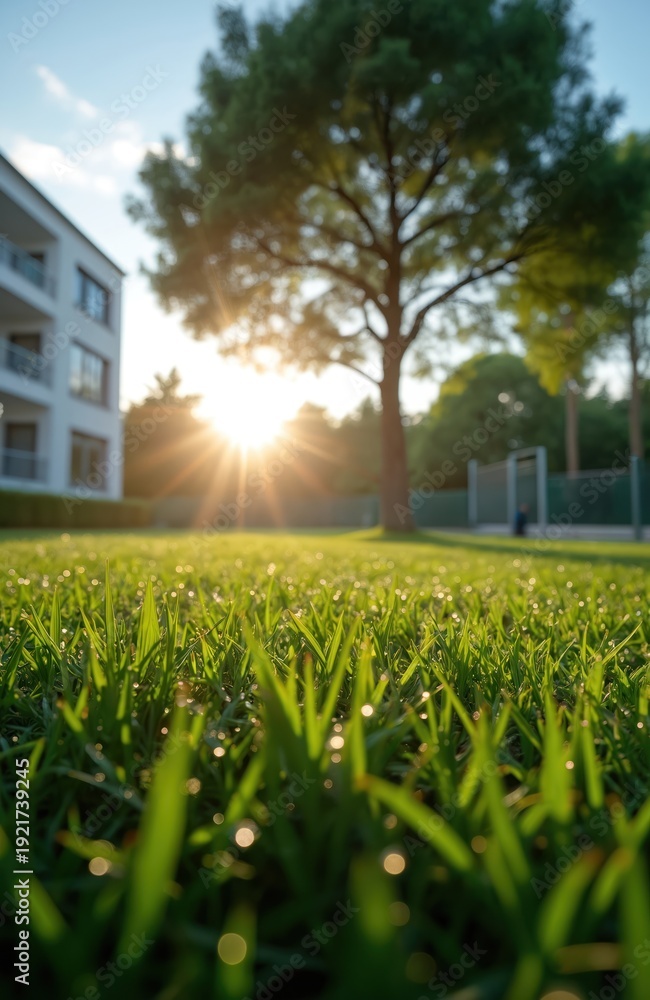 Fototapeta premium Morning dew on rich green grass. Modern apartment building and large tree stand behind. Sun shines brightly through branches creating lens flare.