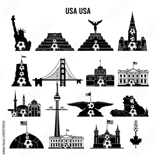 Travel and landmarks icons set featuring famous city skylines and monuments in vector silhouette style