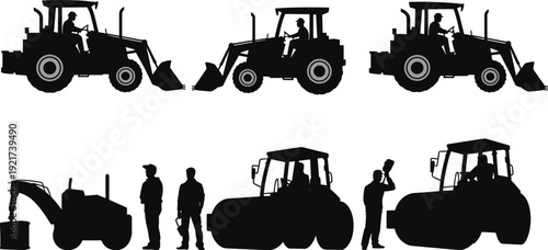 Construction machinery silhouette set, tractor and excavator vector icons, industrial workers and heavy equipment for building site design and engineering.