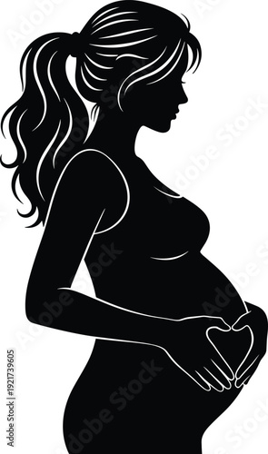 Silhouette vector illustration of pregnant woman profile with ponytail hands forming heart on belly showing motherhood maternity love care anticipation concept artwork