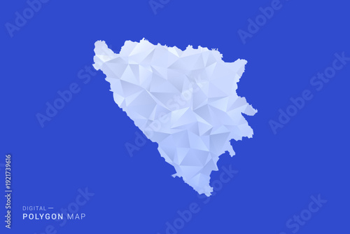 Bosnia and Herzegovina Map - Polygon Style Vector Illustration in Blue and White Gradient, Low Poly Geometric Design, Isolated on Solid Background for Infographics and Digital Use.