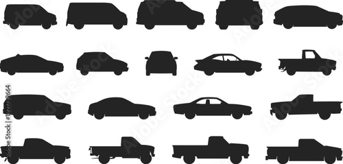 Truck and pickup silhouette collection with commercial and cargo vehicles isolated on white background, flat vector illustration set
