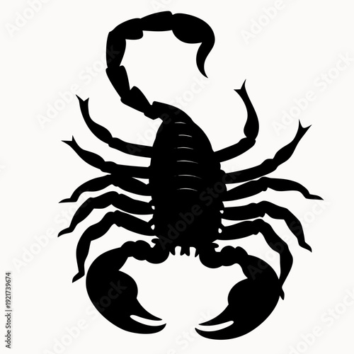 Scorpion silhouette with raised tail and claws in aggressive stance