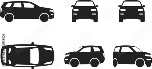 Black SUV silhouette collection with side, front, back, top and perspective views isolated on white background, flat vector illustration