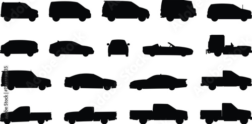 Truck silhouette collection featuring pickup, cargo, delivery and commercial vehicles isolated on white background, flat vector illustration