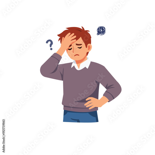 Confused Young Man Holding Head with Question Mark – Headache, Stress and Mental Confusion Flat Vector Illustration
