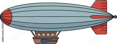 A blue and red vintage airship with a brown gondola and blue propeller