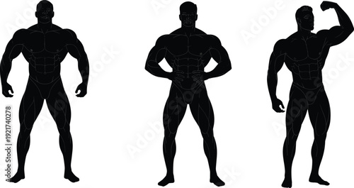 Bodybuilder male silhouette set featuring front stance and biceps pose isolated on white background fitness illustration collection
