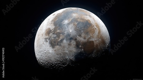 Detailed, enhanced color image displays the rugged surface and varied terrain of the earth's natural satellite against deep space.