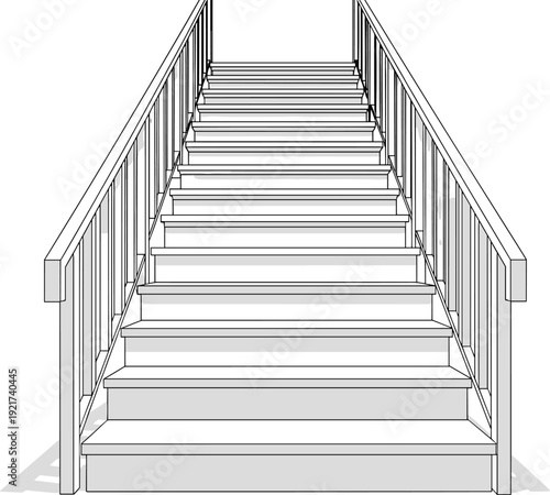Vector illustration of front view staircase with railings architectural design showing steps balusters handrails perspective structural planning construction safety concept artwork