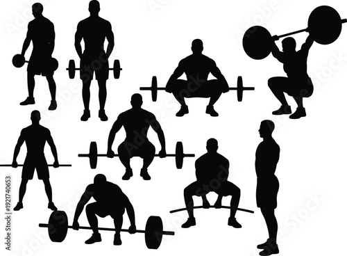 Weightlifting and strength training silhouettes with barbell squat, deadlift and shoulder press exercises isolated on white background