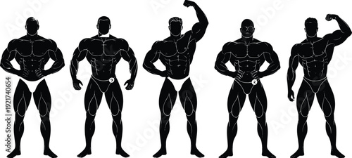 Bodybuilding competition poses set with muscular male athlete silhouettes showcasing classic front stance and biceps flex positions illustration