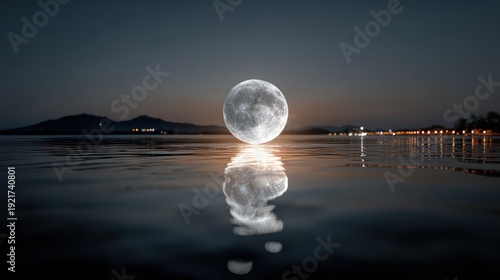 Bright celestial body glows above dark water surface reflecting illumination from distant shoreline