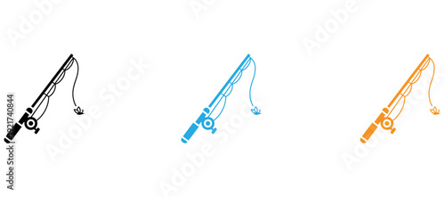 Three fishing rods with different colored lines and bobbers in a row isolated on transparent background, Vector