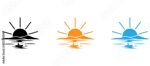Three stylized depictions of celestial bodies rising over water surfaces isolated on transparent background, Vector