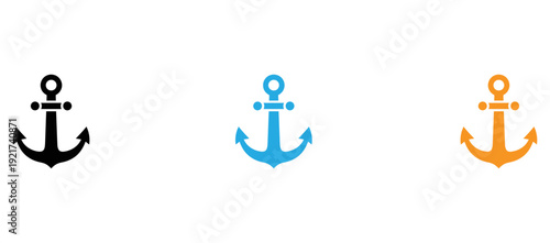Three differently colored nautical anchors displayed side by side isolated on transparent background, Vector