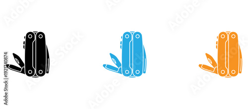 Three differently colored multi-tool pocket knives displayed side by side. isolated on transparent background, Vector