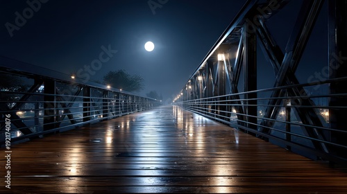 Illuminated metal structure walkway extends into a dark, moonlit night environment