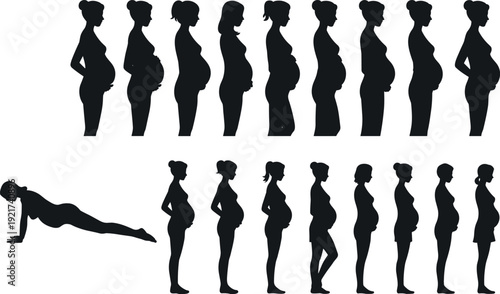 Black silhouette collection featuring pregnant women showing various stages of pregnancy belly growth, maternal health development, prenatal yoga poses, and expectant mother fitness exercises.