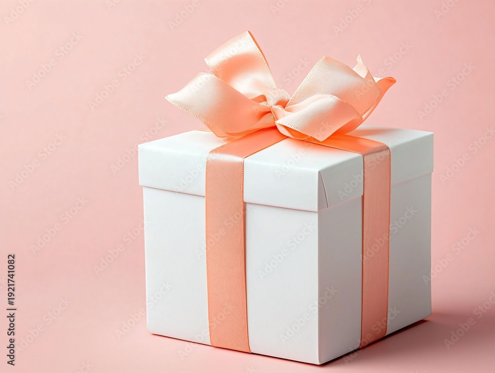 Obraz premium Elegant white gift box with coral ribbon on soft pink background