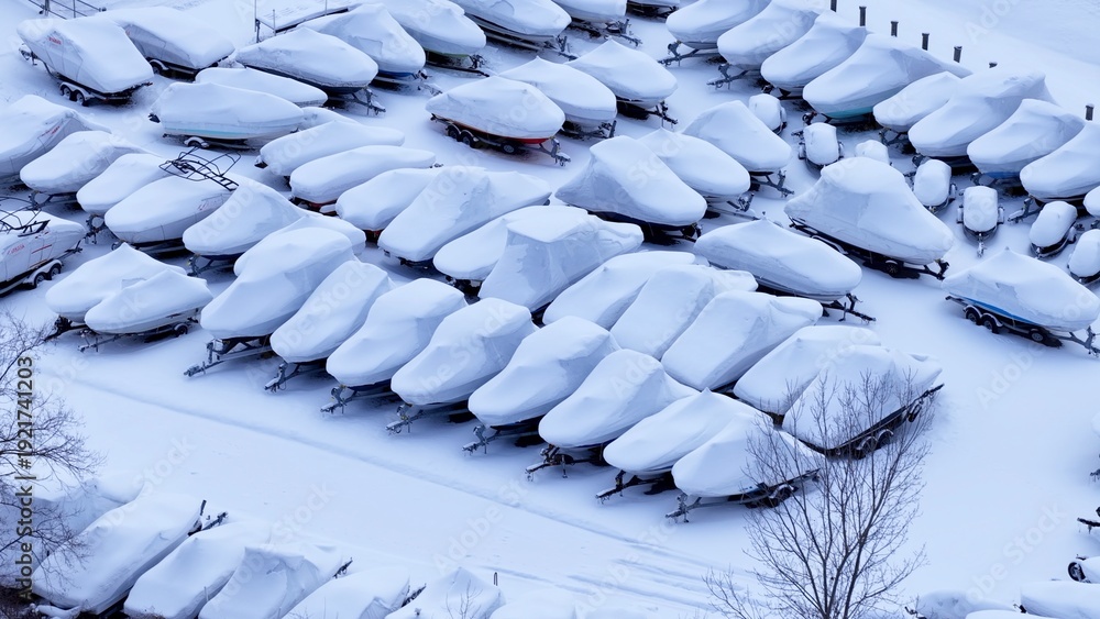 Fototapeta premium Winter with snow and marina after winter storm at frozen Irondequoit Bay in Central New York State