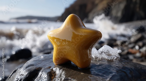 Smooth, stylized star shape rests upon wet shore stones as ocean waves crash in the background