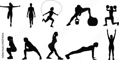 Women fitness and workout silhouette set with strength training, cardio and bodyweight exercises isolated on white background