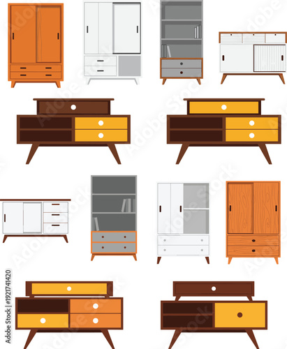 Collection of Modern and Retro Wooden Storage Furniture Featuring Sideboards Wardrobes Cabinets and Dressers for Stylish Home Interior Design Vector Illustration