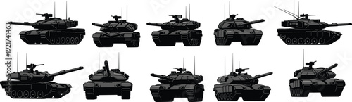 Vector silhouettes of ten modern military tanks in various angles, showcasing armored vehicle design, turret styles, and combat engineering diversity