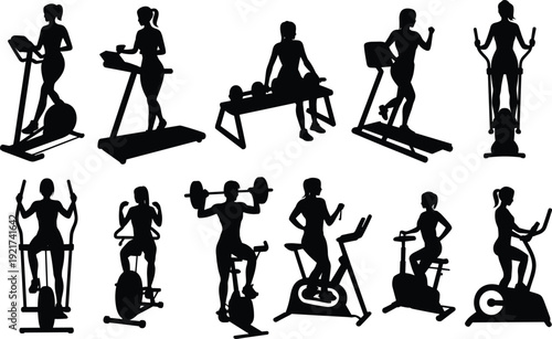 Women gym cardio and strength machine silhouette set with treadmill, cycling and weightlifting exercises isolated on white background illustration
