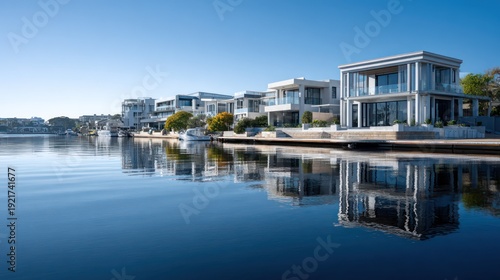 Upscale modern waterfront residences display architectural symmetry reflected clearly upon still waterway